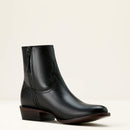 A black, leather ARIAT men's western boot with a side zip, showing an almondt toe and a low heel.