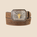 ARIAT Men's 1-7/8 Inch Floral Engraved Longhorn Buckle Western Belt, Brown