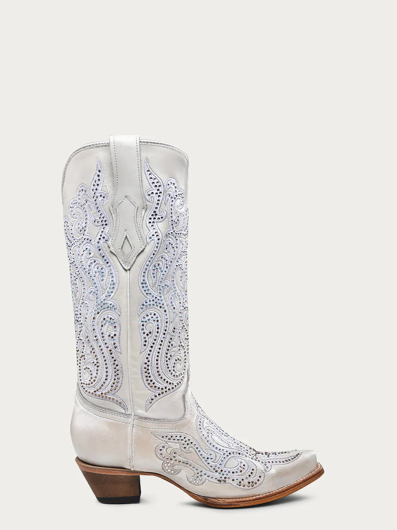 CORRAL BOOTS Women's White Overlay Embroidery And Crystals Snip Toe Boot C4103