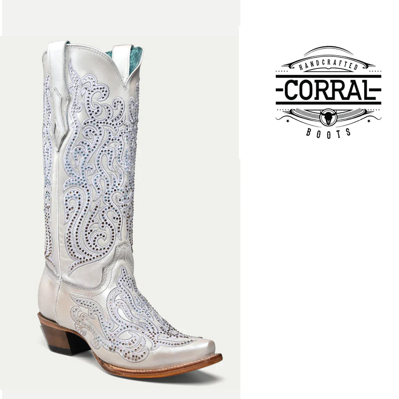 CORRAL BOOTS Women's White Overlay Embroidery And Crystals Snip Toe Boot C4103