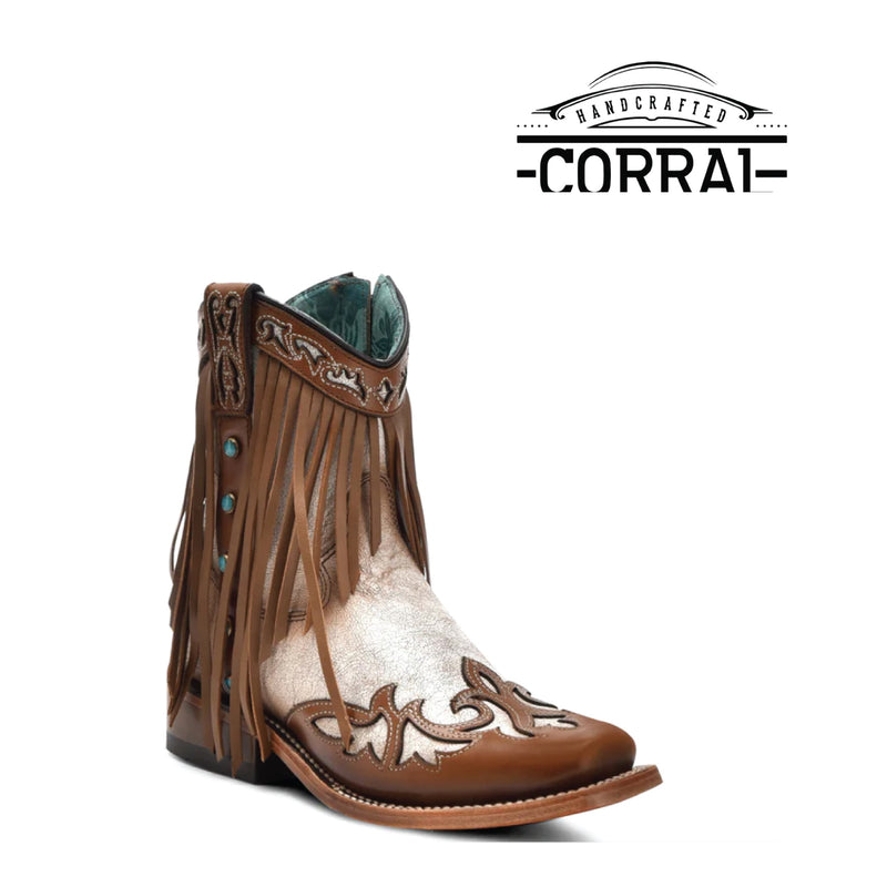 CORRAL BOOTS Women's White Brown Overlay Studs Fringe C4138