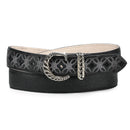 CUADRA Women's Leather Belt with Chain Buckle and Embroidered Design