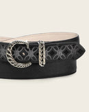 CUADRA Women's Leather Belt with Chain Buckle and Embroidered Design