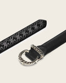 CUADRA Women's Leather Belt with Chain Buckle and Embroidered Design