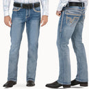 MONTERO Men's Embroidery  Denim Stretch Boot Cut Jean, Blue