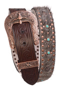 Women's Turquoise and Cross Studded Leather Fur Belt 6091