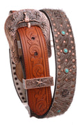 Women's Turquoise and Cross Studded Leather Fur Belt 6091