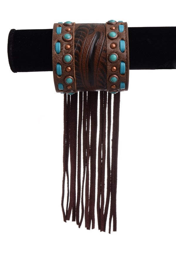 Women's Turquoise Studded Fringe Wide Cuff Bracelet A1073